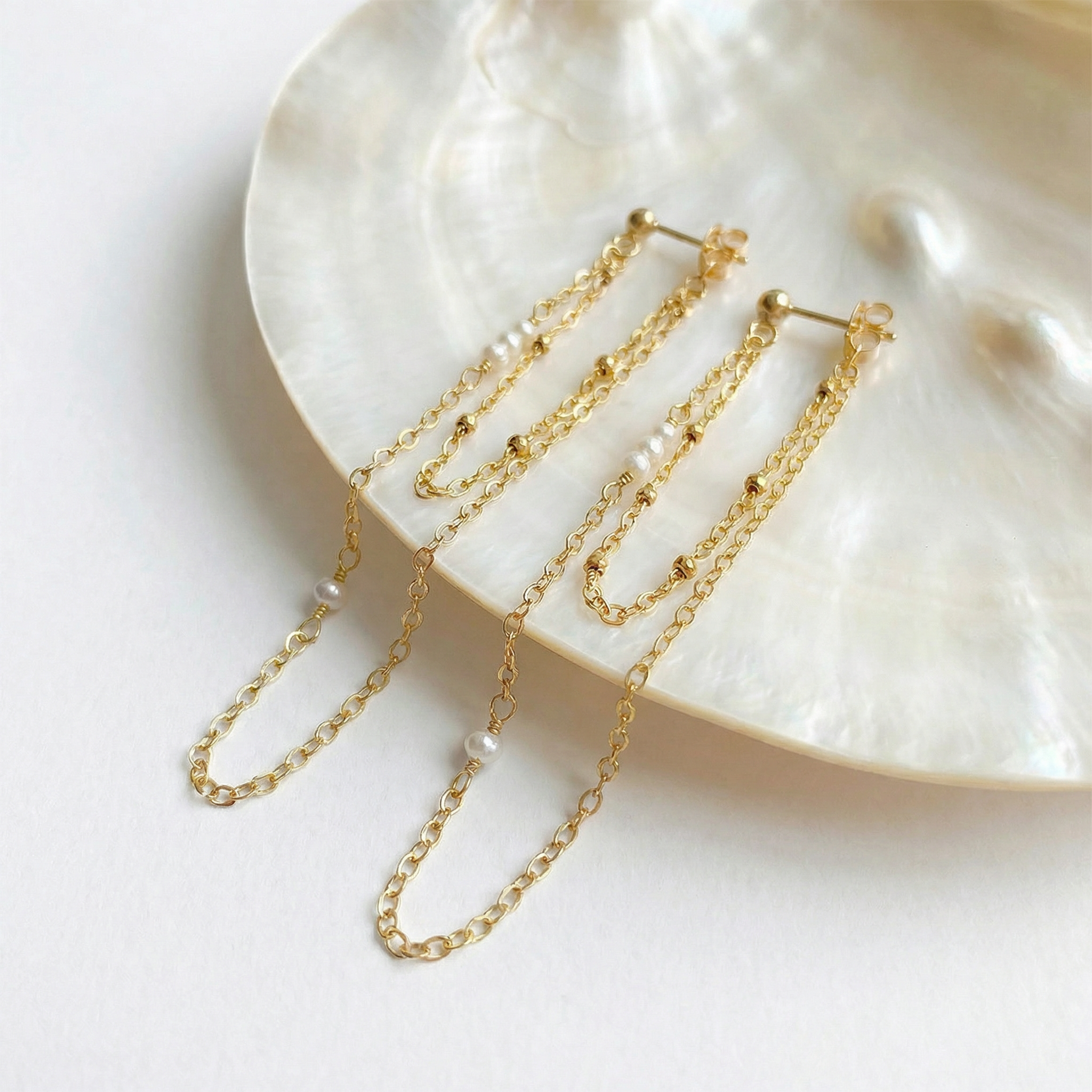 Freshwater Pearl Double Chain Earrings